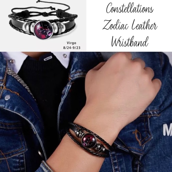 Virgo Constellation Zodiac Charm Leather Wristband - Picture 2 of 5